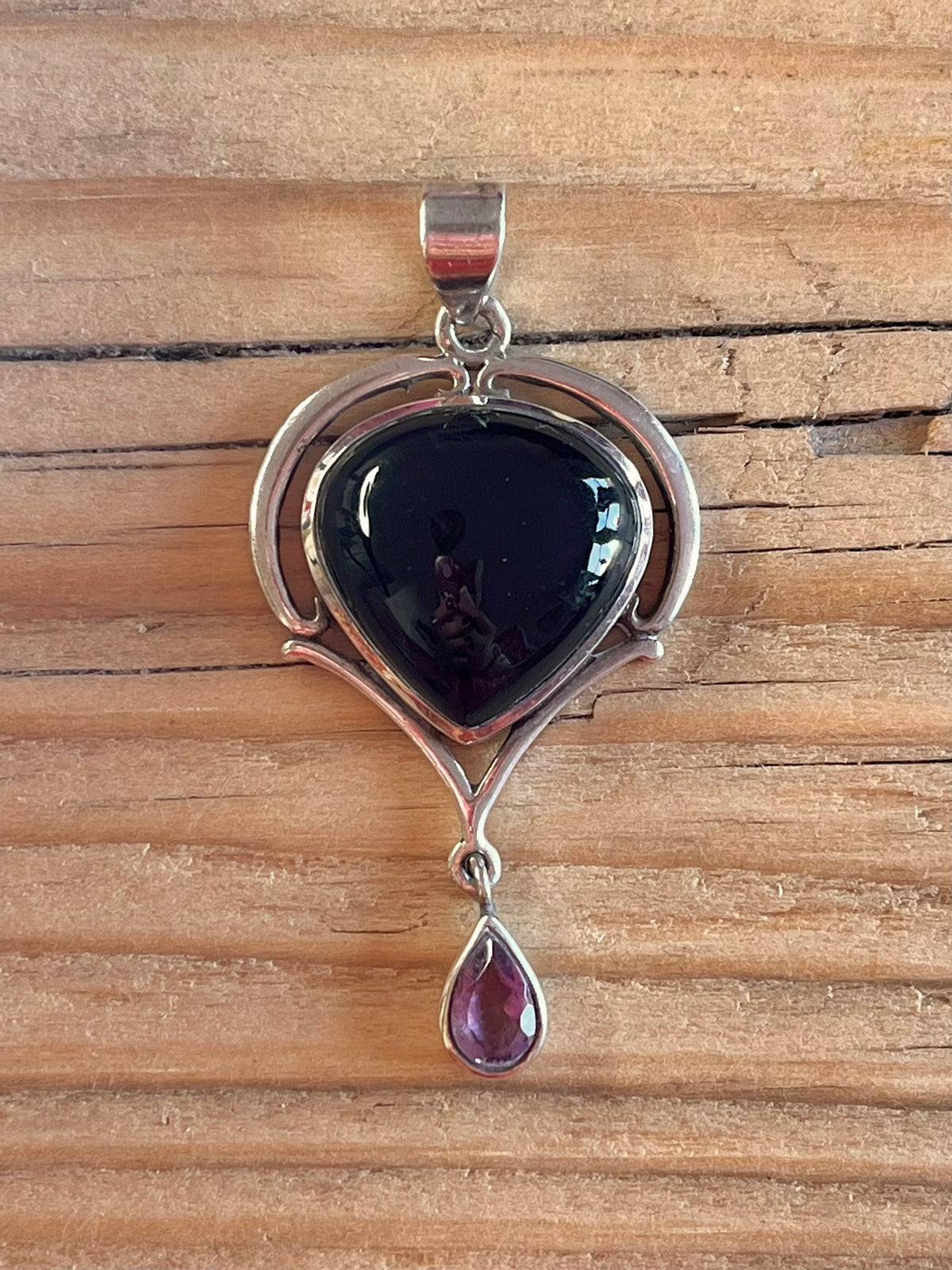 Black Onyx and Amethyst Tiered 925 Sterling Silver Pendant