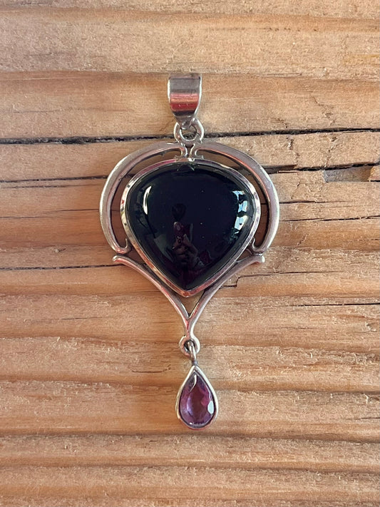 Black Onyx and Amethyst Tiered 925 Sterling Silver Pendant