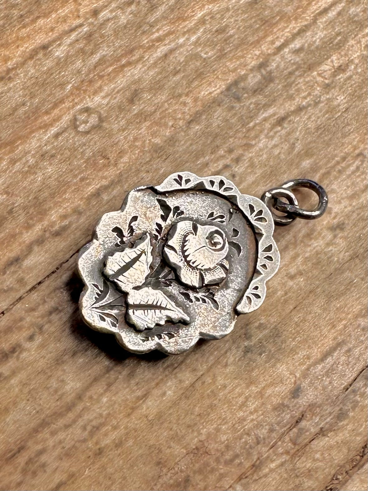 Antique 1896 Rose Engraved 925 Sterling Silver Pendant