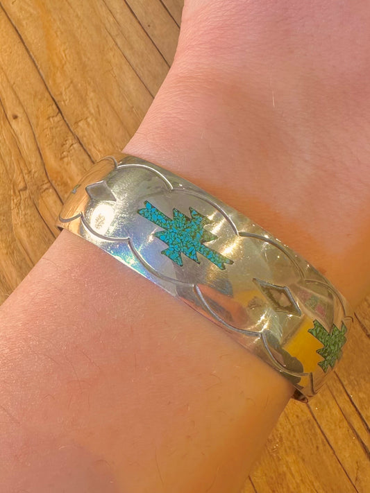 Vintage Navajo Maker HB Turquoise Inlay Cuff 925 Sterling Silver Bangle