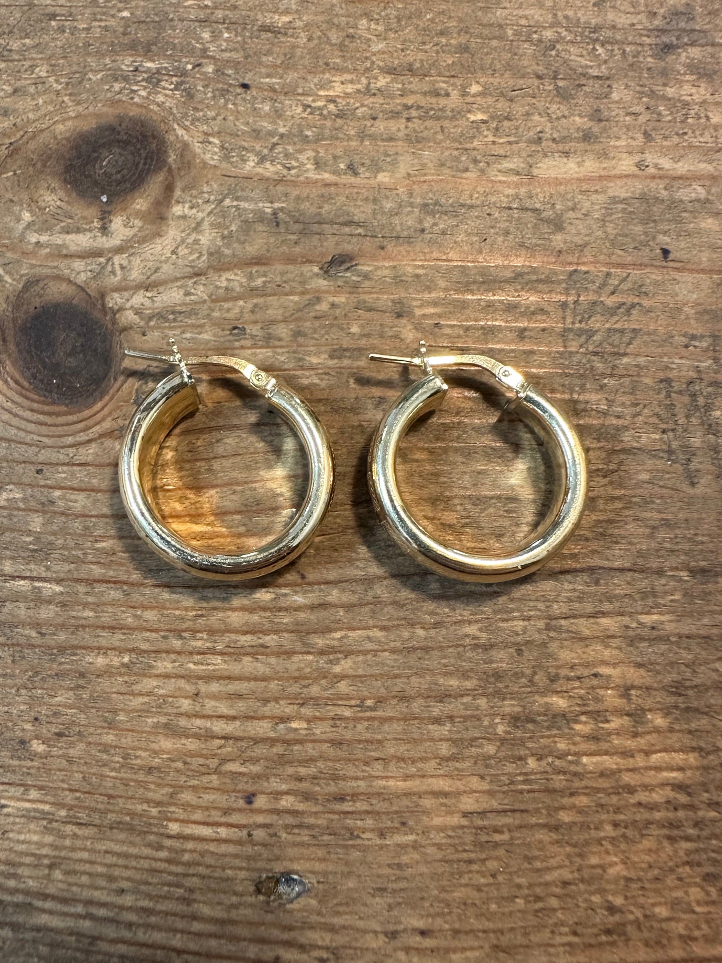 Modernist Thick Textured Italy Gold on 925 Silver Hoop Earrings