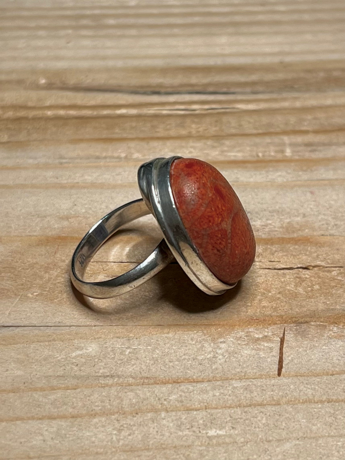 Oval Coral 925 Sterling Silver Size N Ring