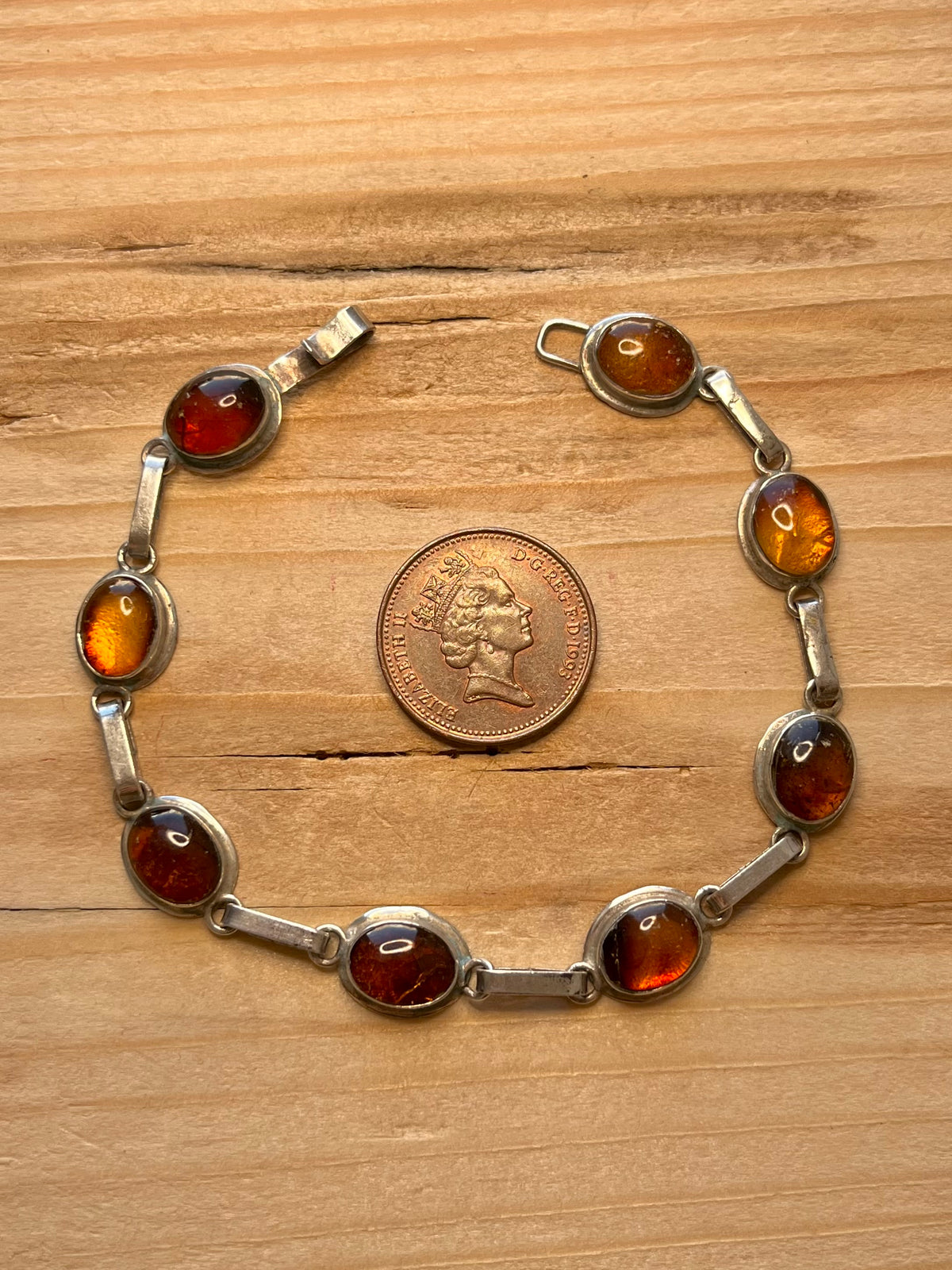 Oval Amber Link 925 Sterling Silver 7.5 Inch Bracelet