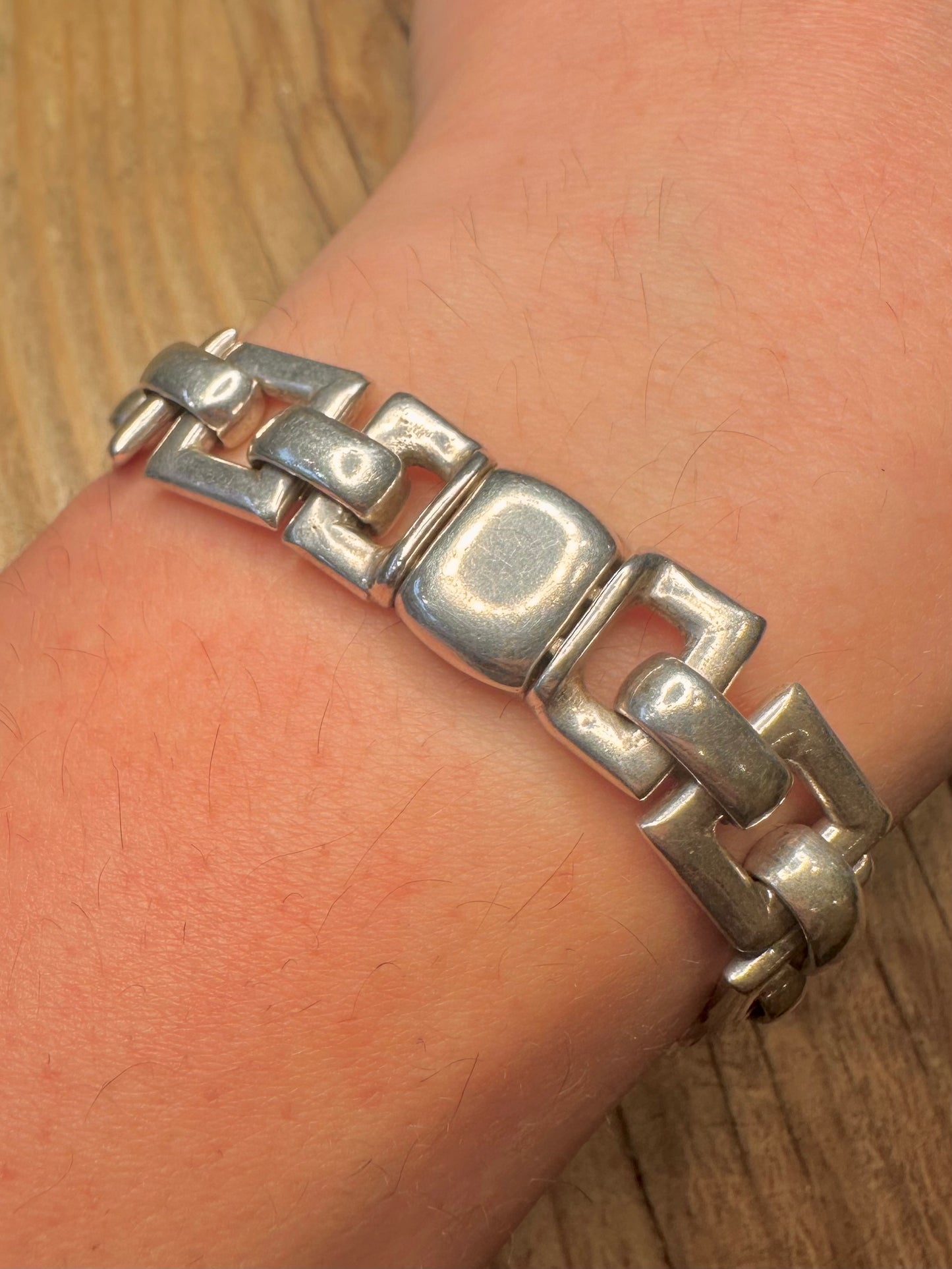 Abstract Square and Rectangle Heavy Link 925 Sterling Silver 7 inch Bracelet