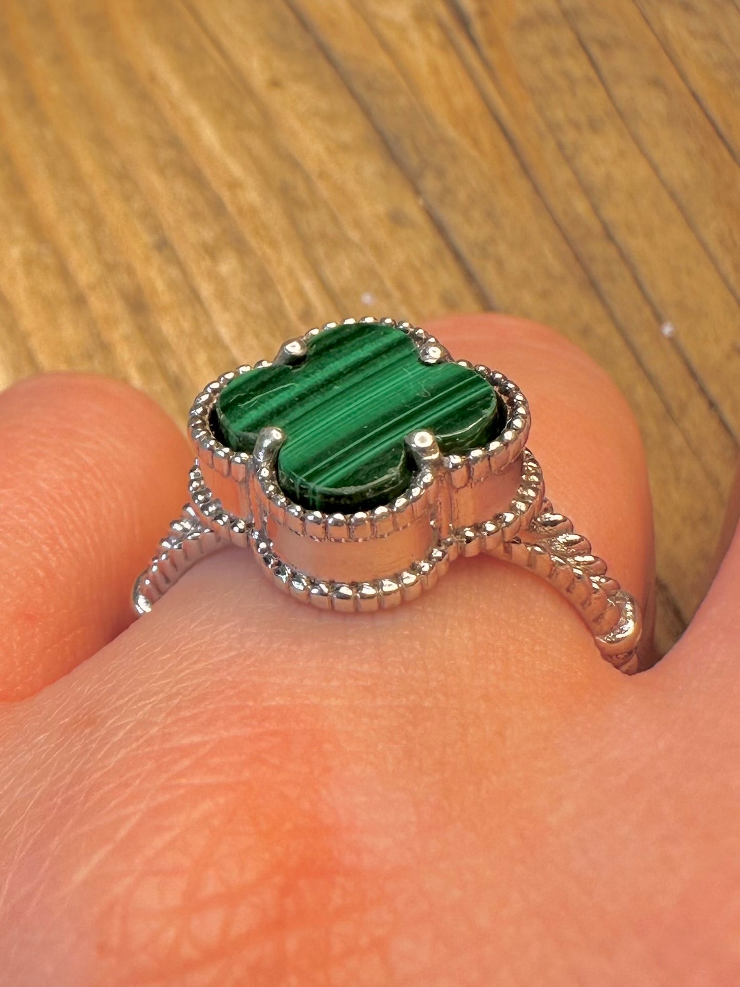 Malachite Clover 925 Sterling Silver Size T Ring