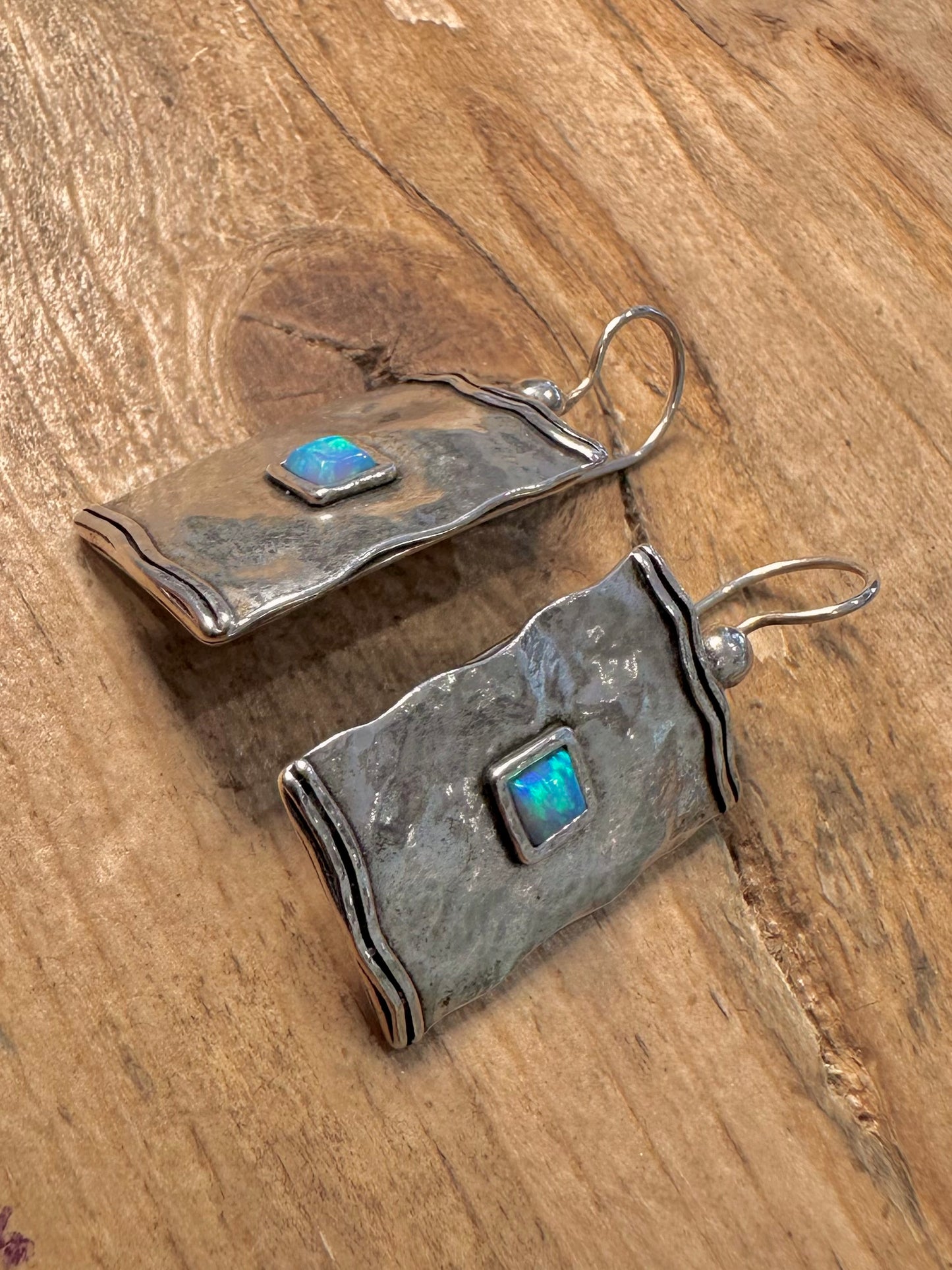 Abstract Opal Rectangle 925 Silver Designer Earrings