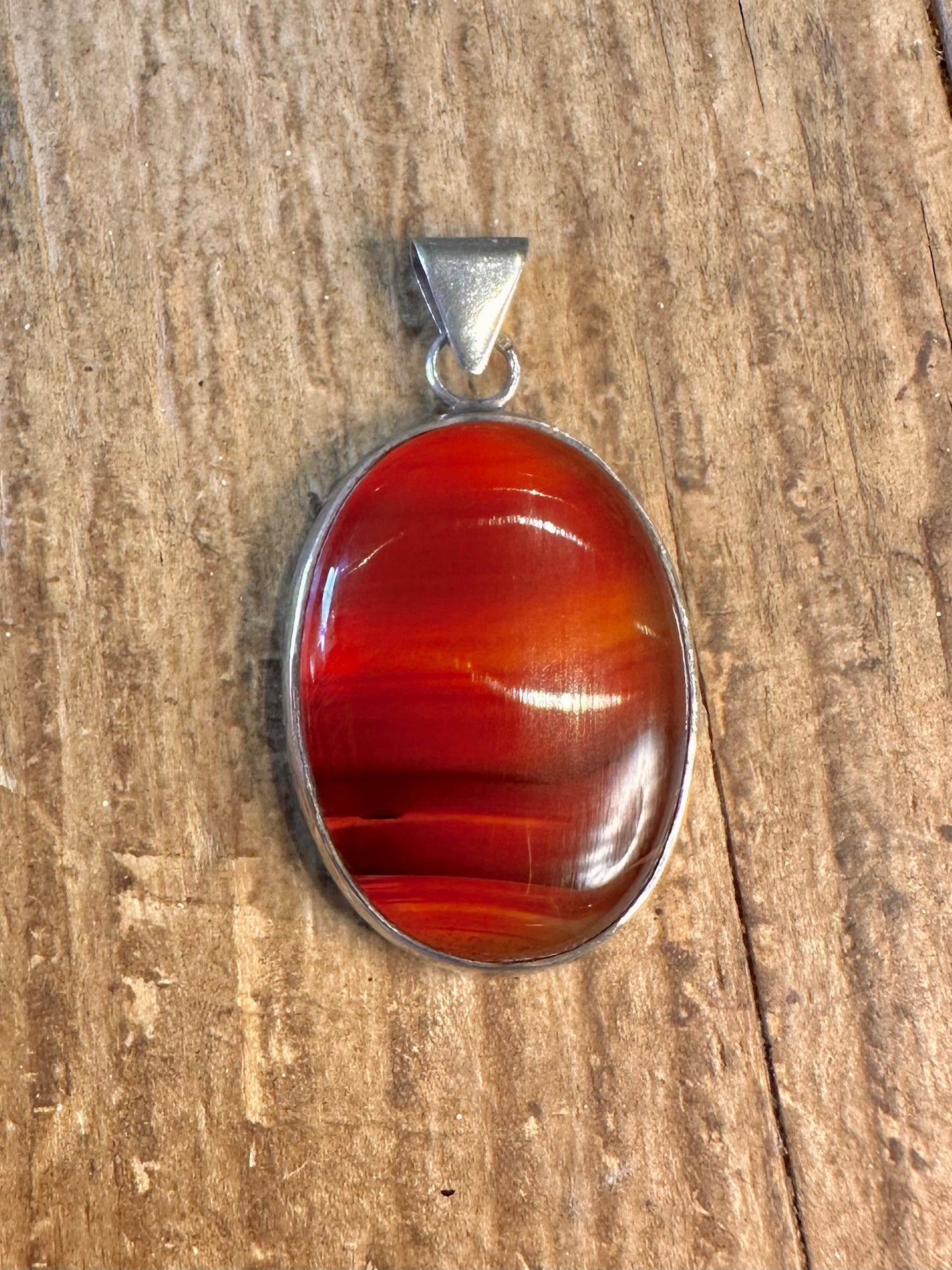 Oval Banded Agate Red and Orange 925 Sterling Silver Pendant