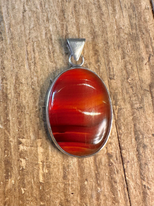 Oval Banded Agate Red and Orange 925 Sterling Silver Pendant