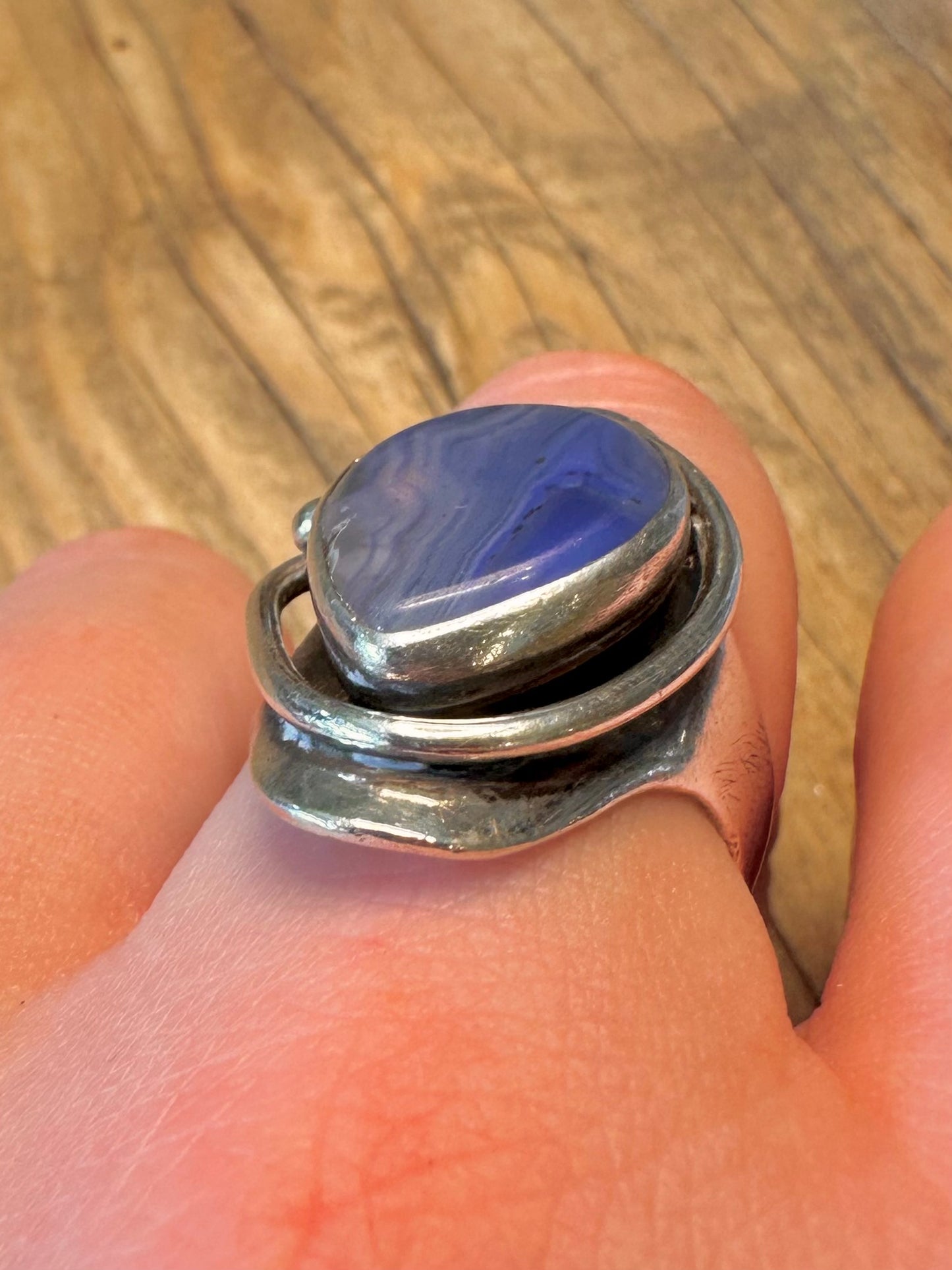 Abstract Teardrop Shaped Blue Laced Agate 925 Sterling Silver Size U1/2 Ring