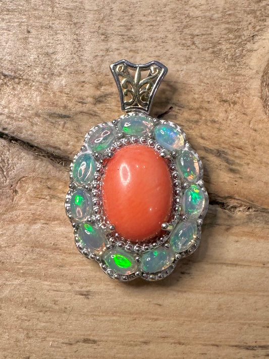 Orange Coral and Opal Gold on 925 Silver Pendant