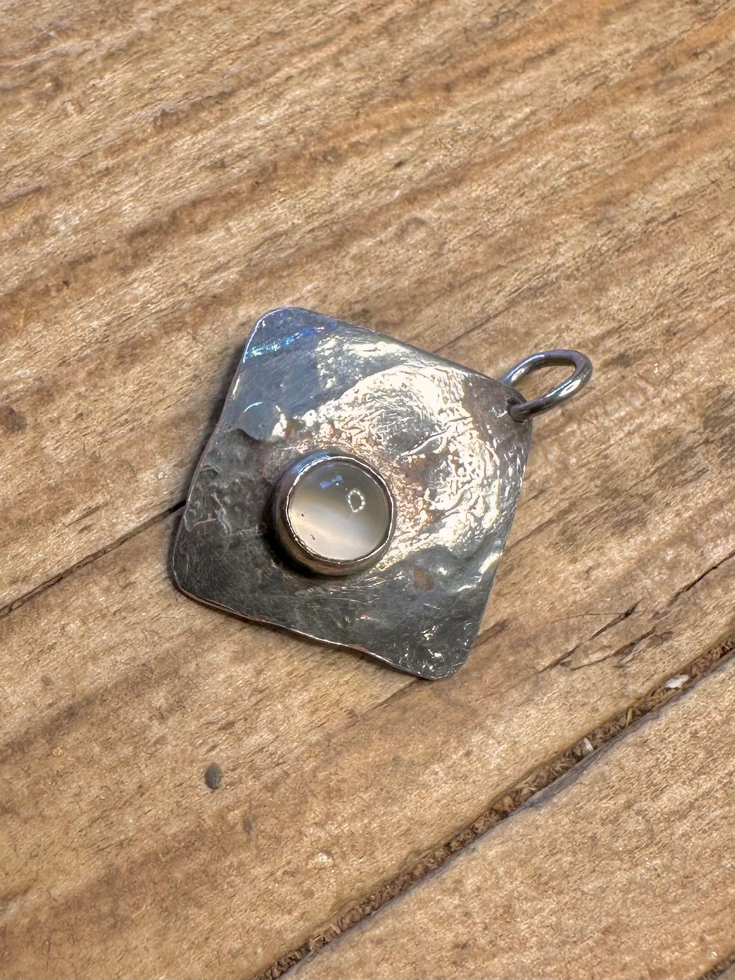 Abstract 2008 Hammered White Stone 925 Sterling Silver Pendant