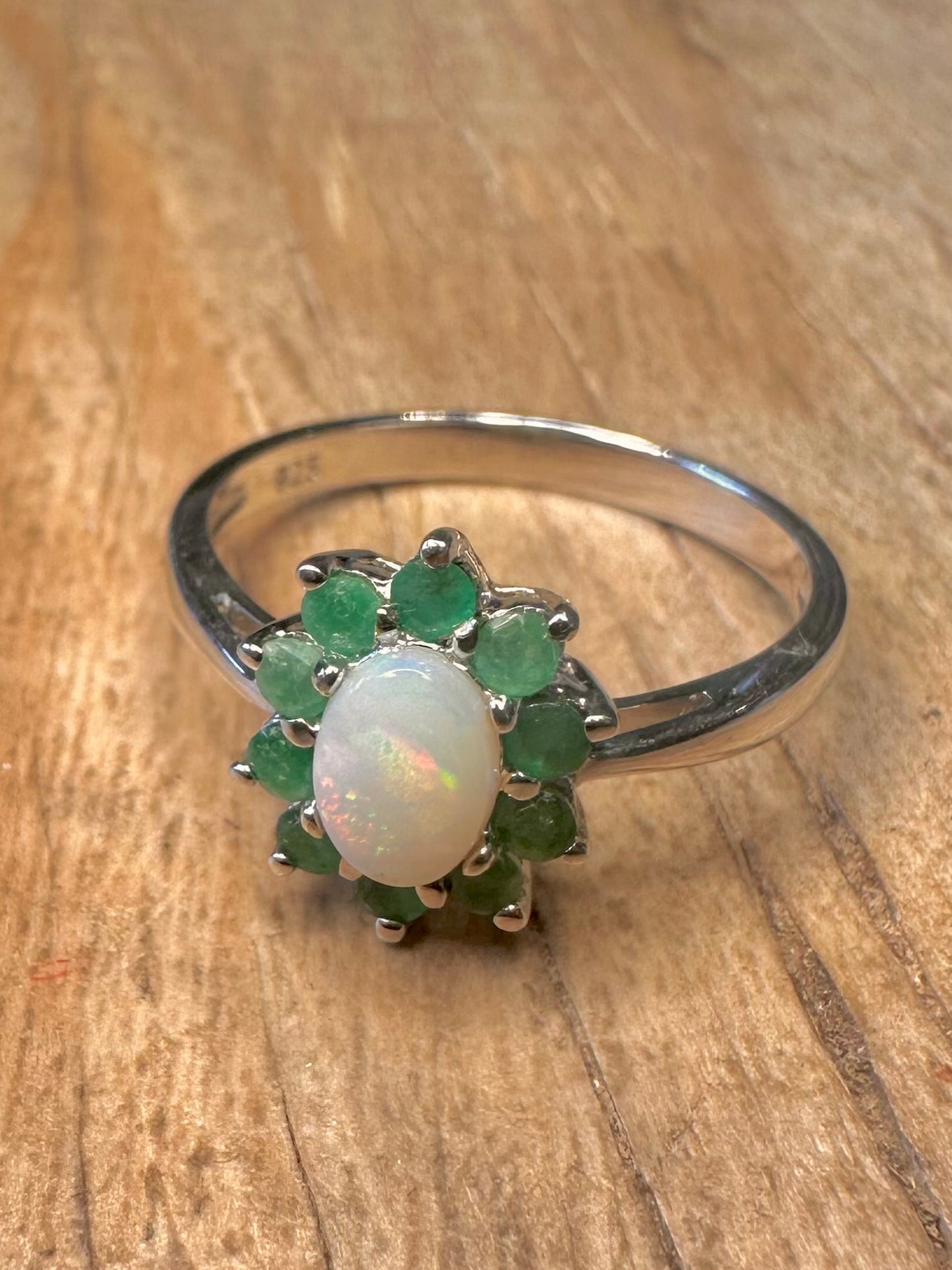 Vintage Opal and Green Stone 925 Sterling Silver Size T1/2 Ring