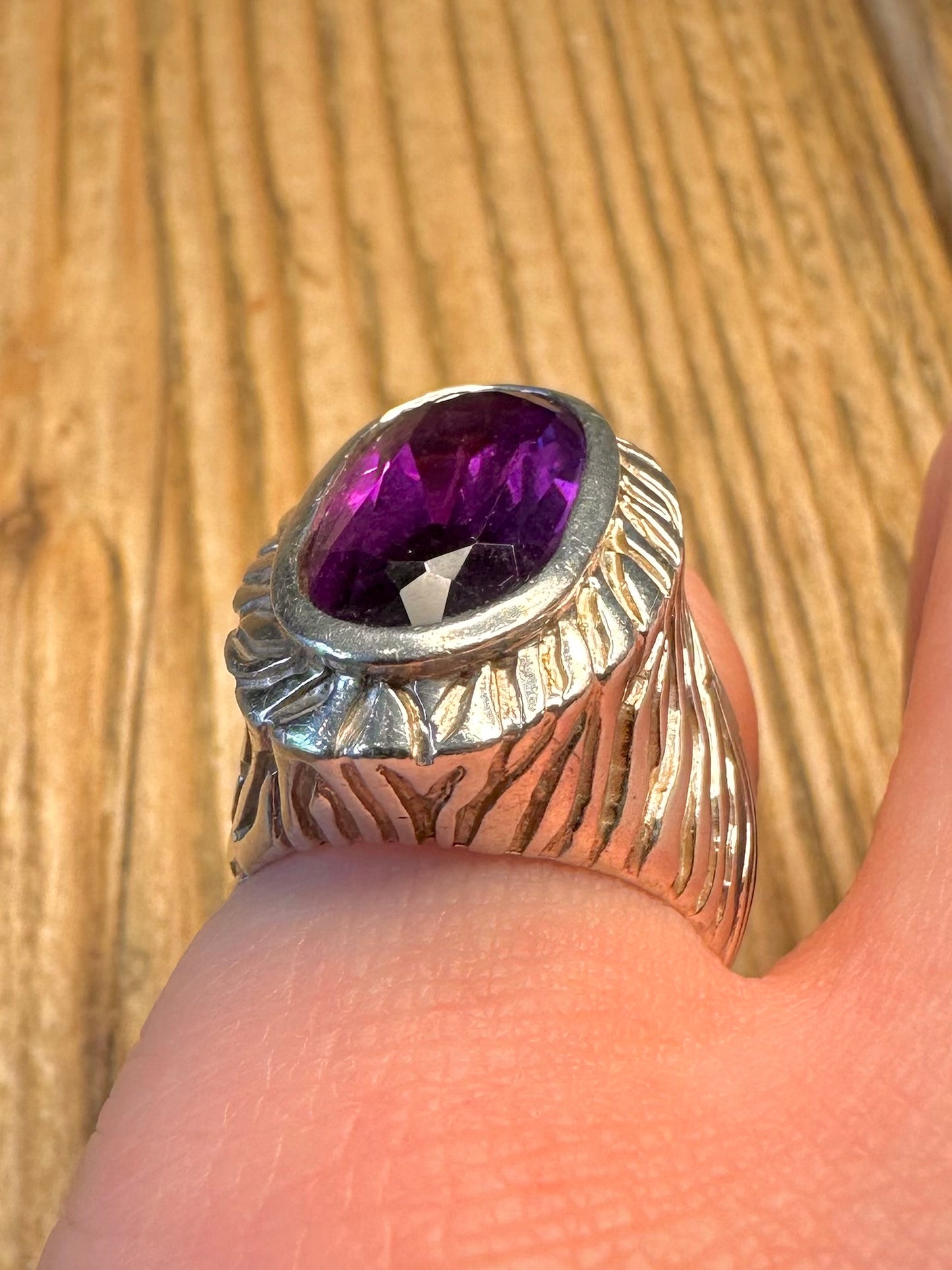 Purple Faceted Textured 925 Sterling Silver Size K1/2 Ring