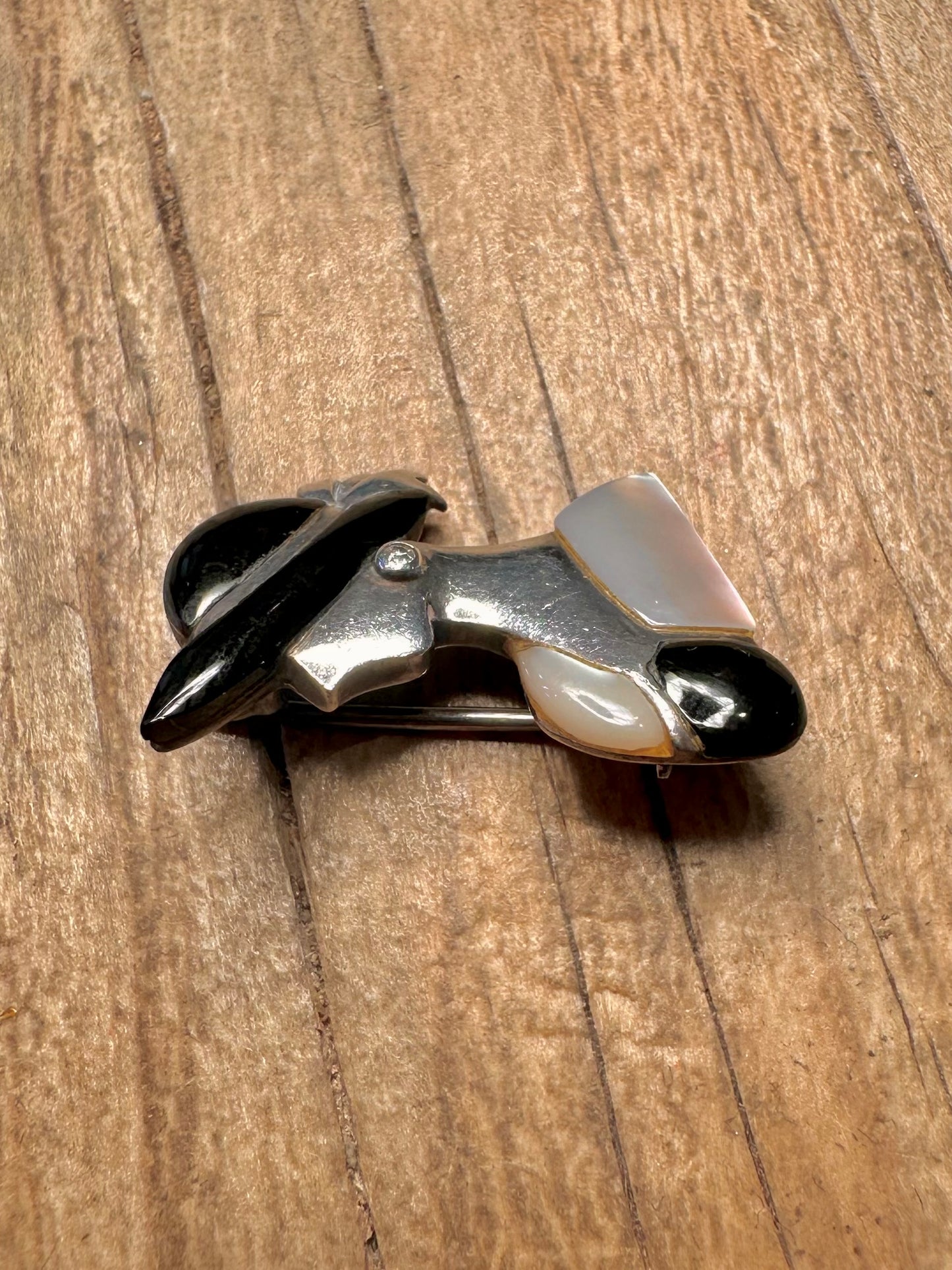 Vintage Art Deco Onyx und Perlmutt Damen Brosche aus 925er Sterlingsilber