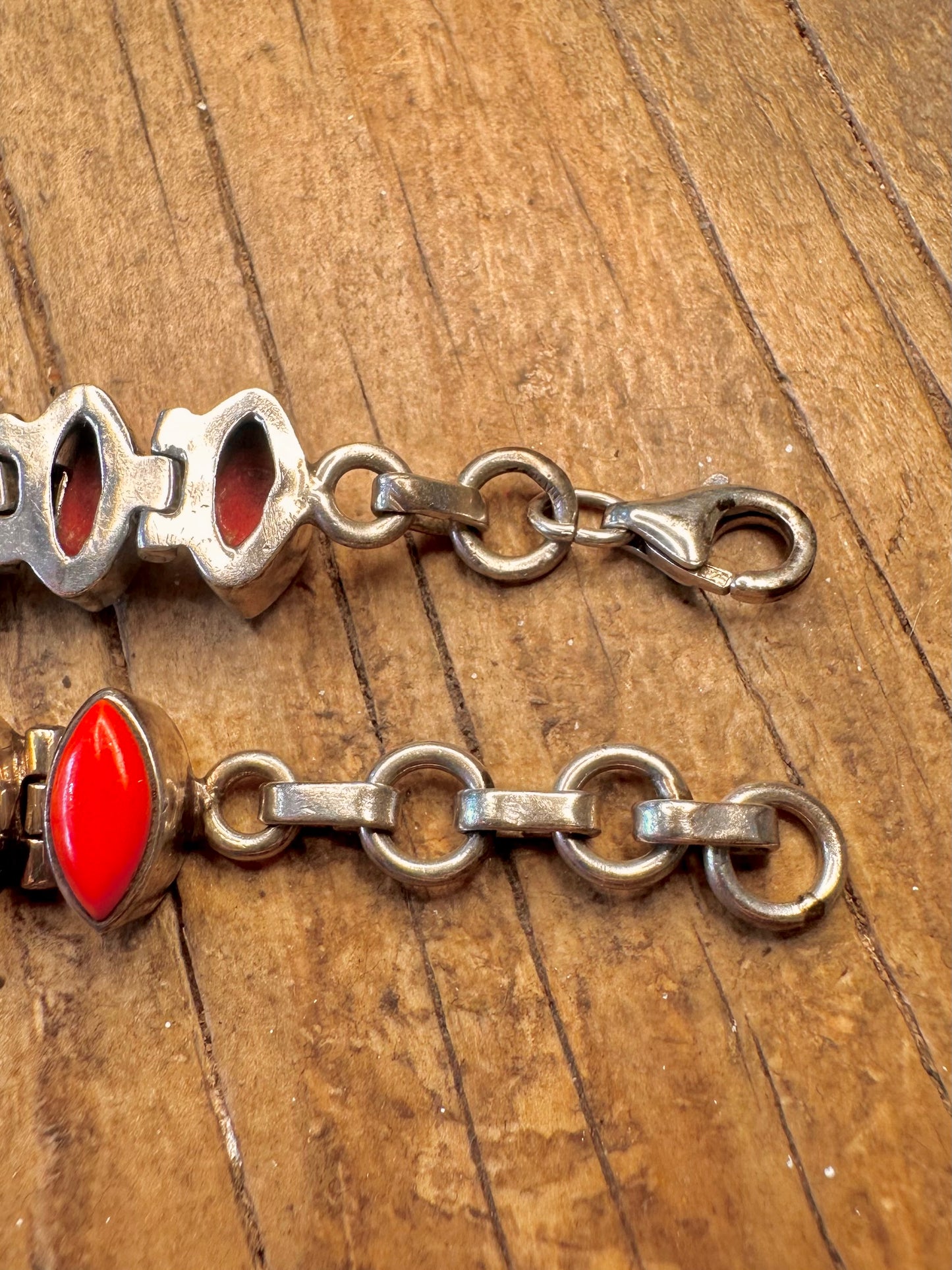 Korallenfarbenes rautenförmiges Glied 925er Sterlingsilber 7,5 bis 8,5 Zoll Armband