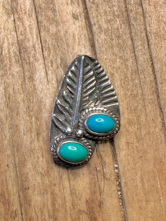 Vintage Navajo Turquoise Leaf 925 Sterling Silver Pendant