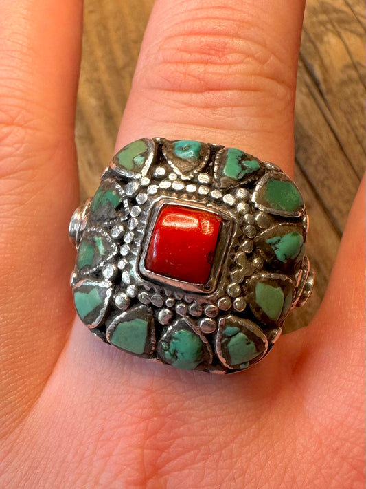 Turquoise and Coral Chunky Silver Size U Ring
