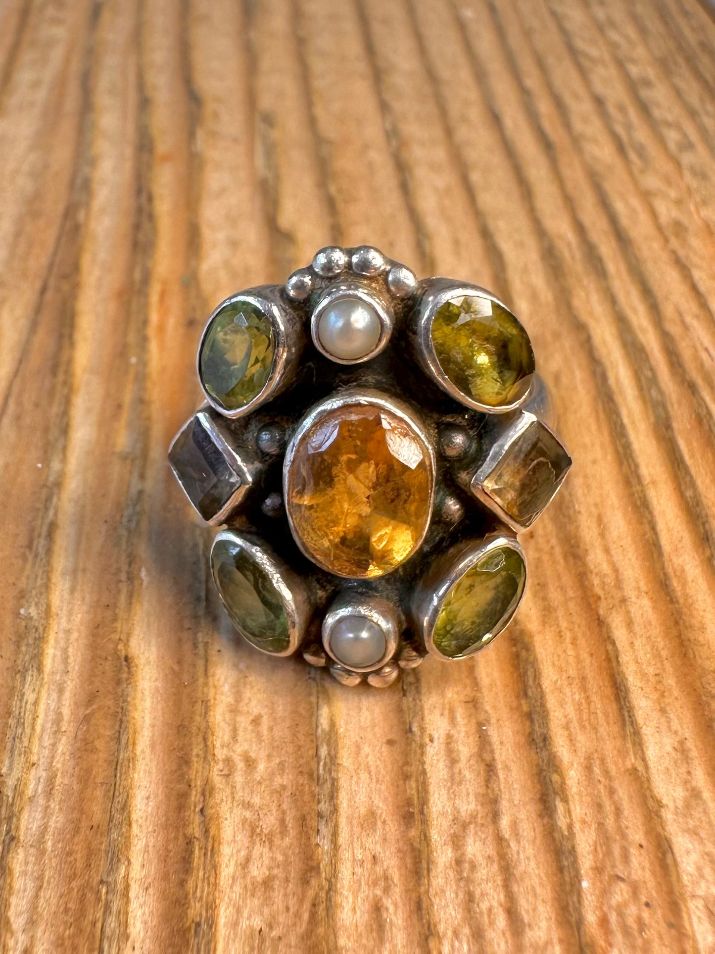 Citrine Peridot Smokey Quarts Pearl 925 Sterling Silver Size L Ring
