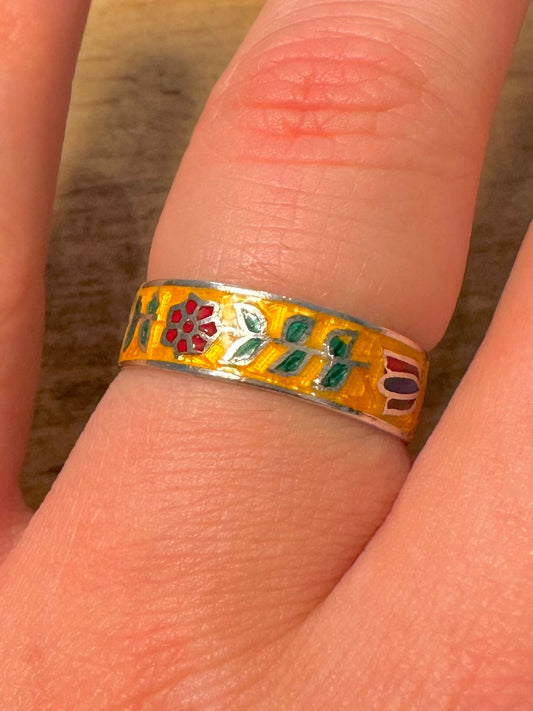 Vintage Enamel Flower Siam 925 Silver Size P1/2 Ring