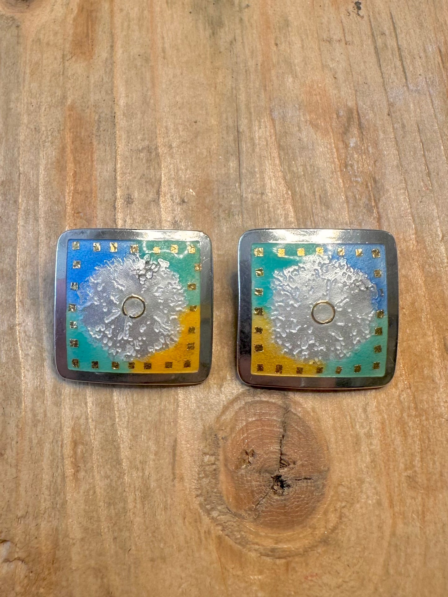 Stunning Enamel and 22k Gold Flower Maker Papalexiou Clip On 925 Sterling Silver Earrings