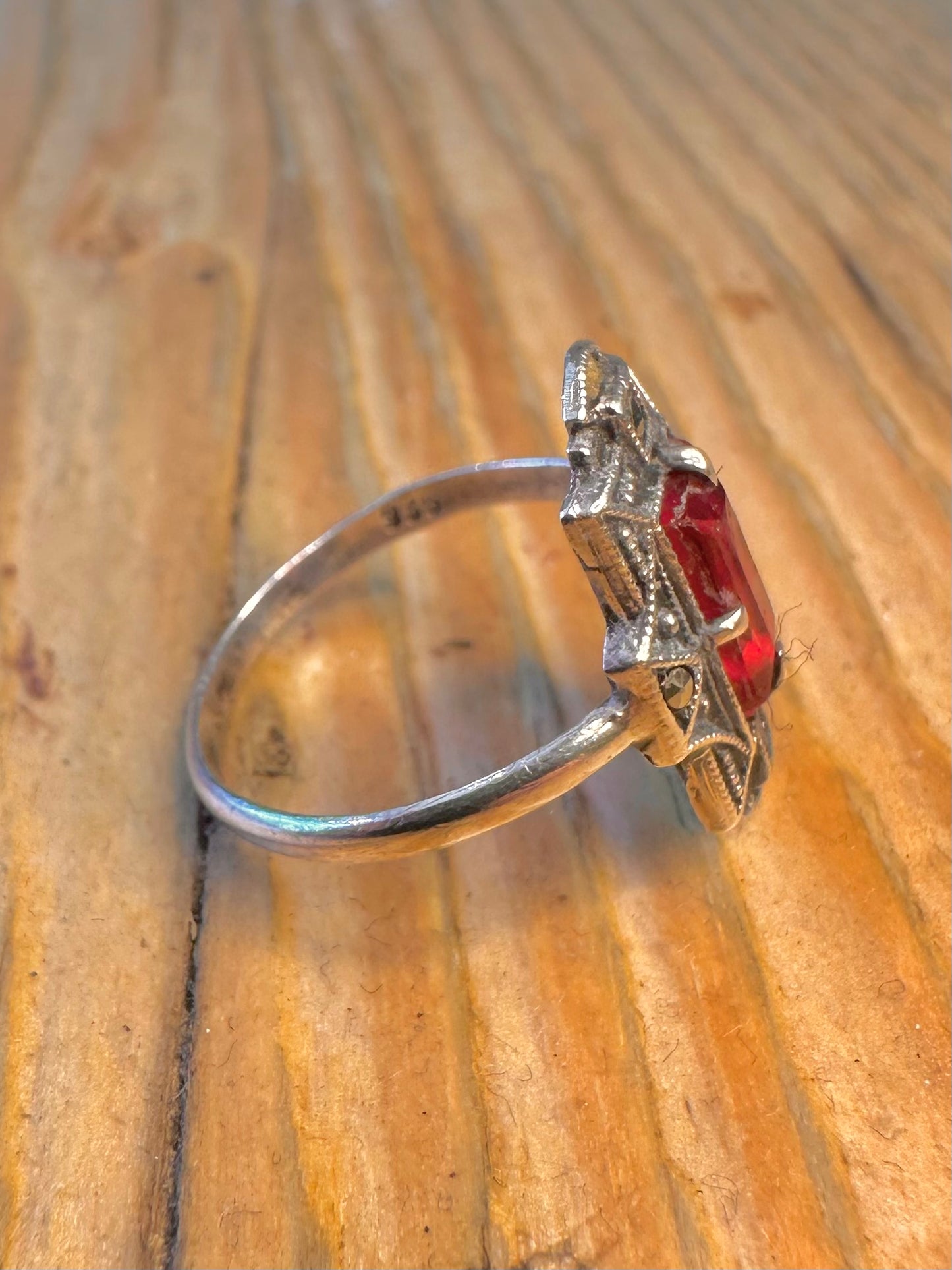 Art Deco Red Stone and Marcasite 935 Silver Size M Ring