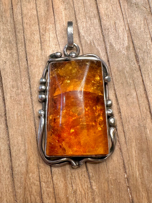 Vintage Large Rectangle Amber 925 Sterling Silver Pendant
