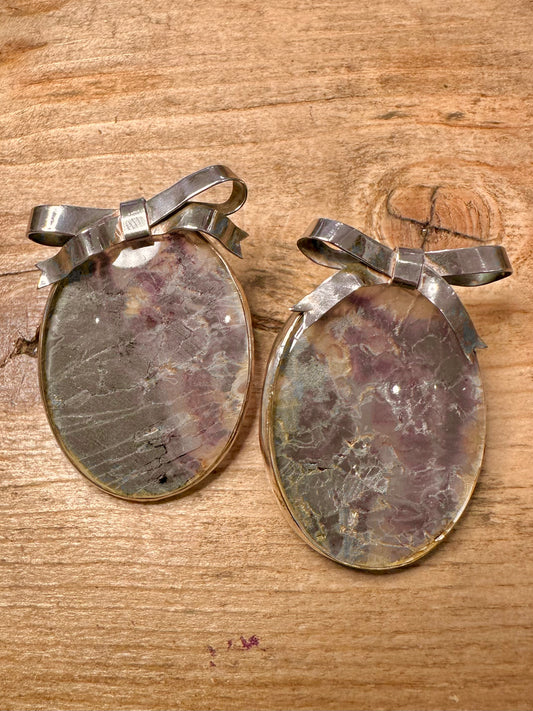 Vintage 1988 Fluorite/Blue John Oval Bow 925 Silver Earrings