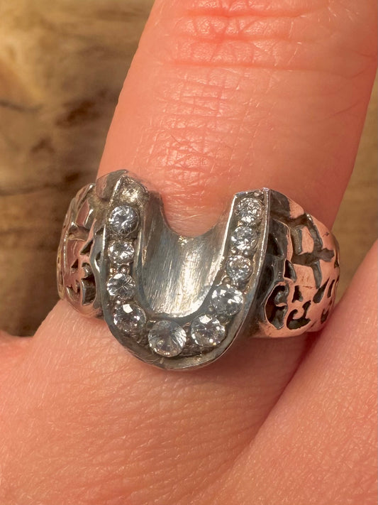 Vintage CZ Horse Shoe 925 Silver Size T Ring