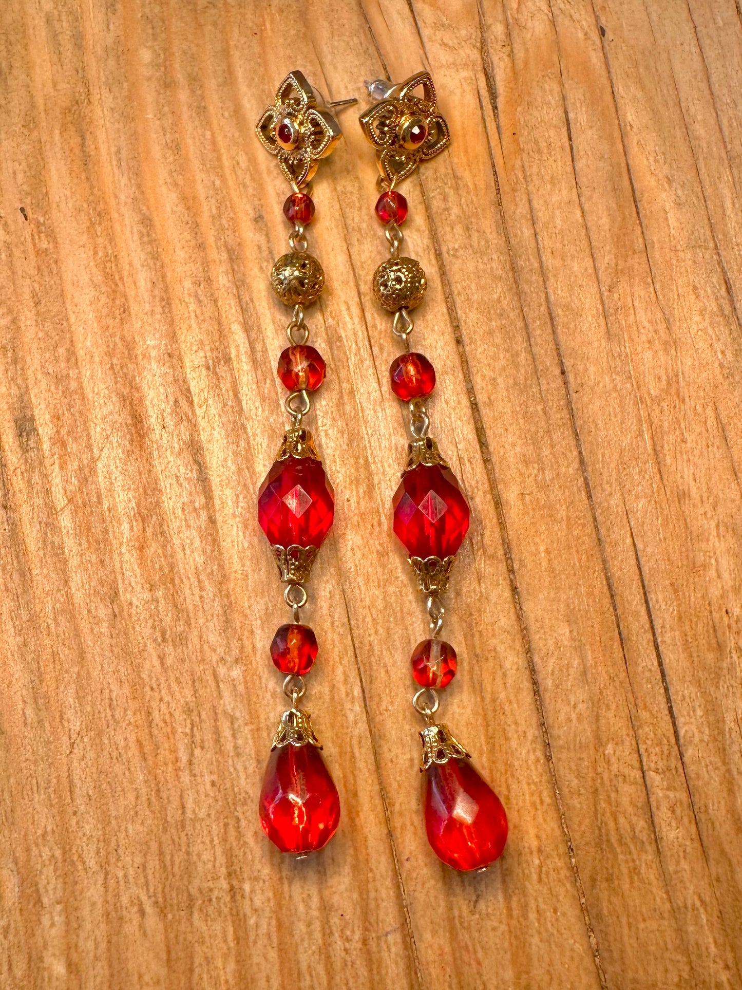 Vintage Red Glass Ornate Dangle Gold Tone Costume Earrings