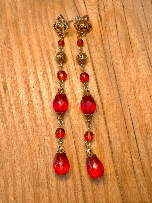 Vintage Red Glass Ornate Dangle Gold Tone Costume Earrings