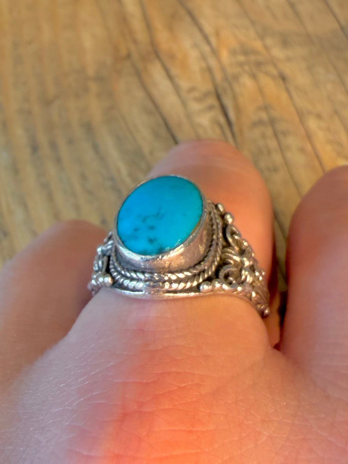 Turquoise Signet Ornate Design 925 Sterling Silver Size V Ring