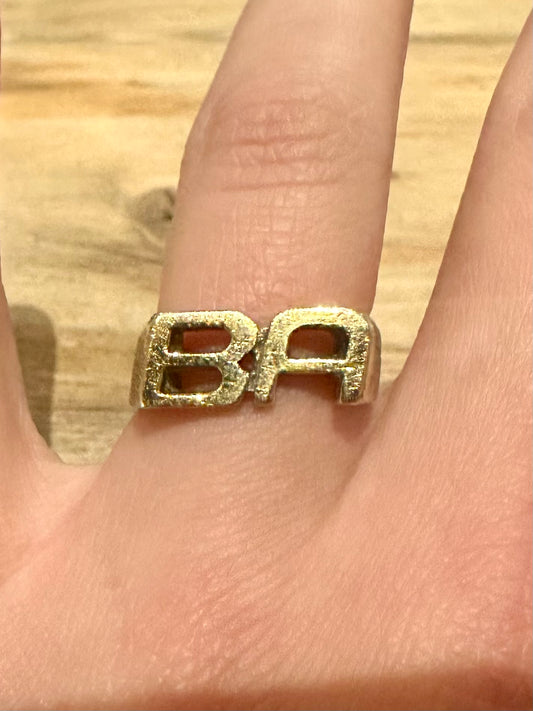 Vintage BA Letters Bark Effect Gold on 925 Silver Size P1/2 Ring