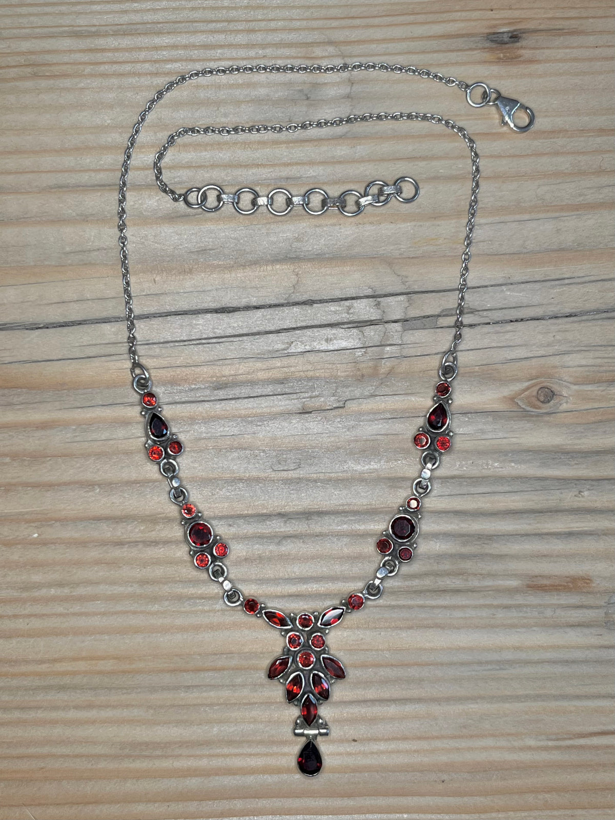 Garnet Ornate 925 Sterling Silver 16.75 - 18.75 inch Necklace