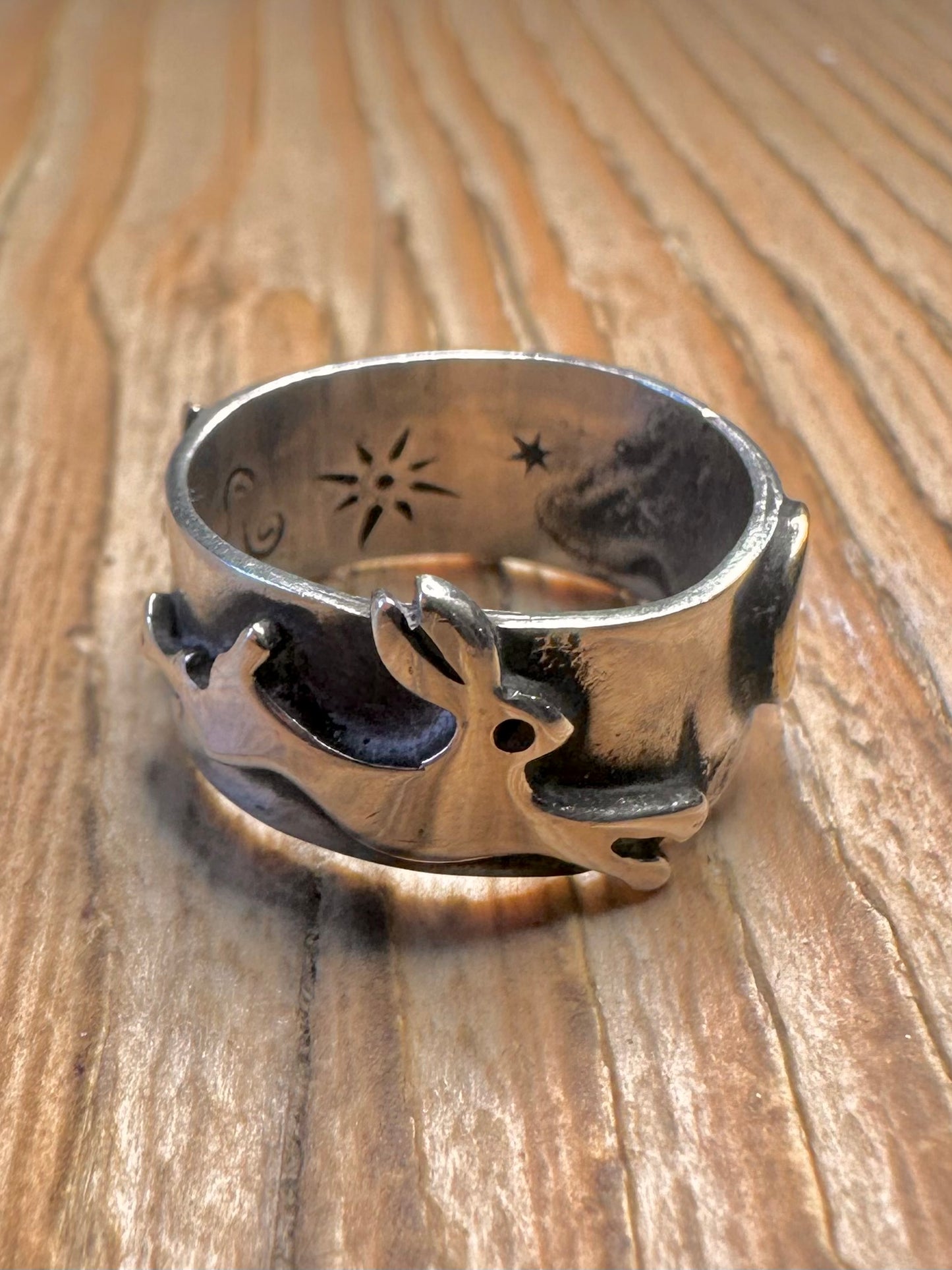 Vintage Handmade Hare Star and Moon Gold Plate on 925 Sterling Silver Size N Ring