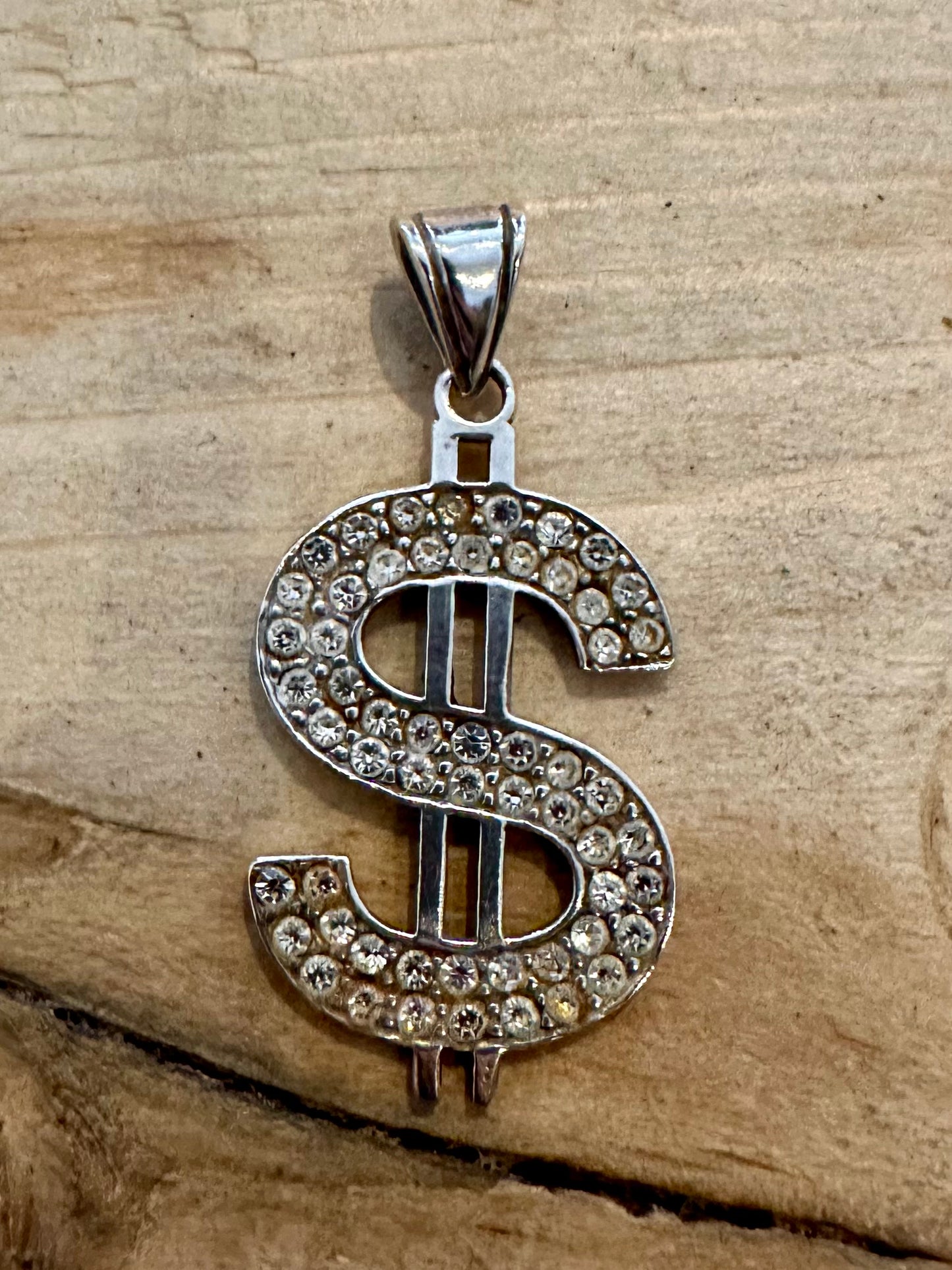 Vintage CZ Stone Dollar Sign 925 Silver Pendant