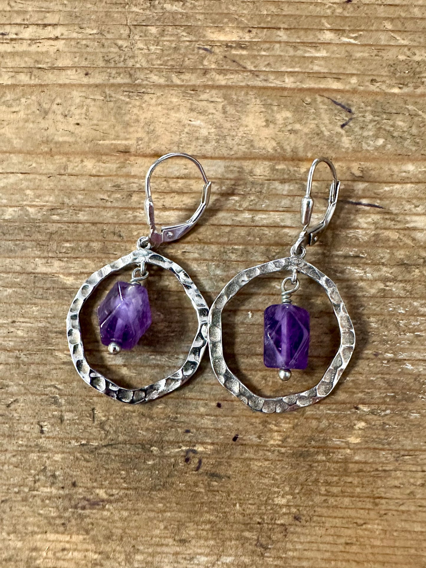 Vintage Hammered Amethyst Circle 925 Silver Earrings