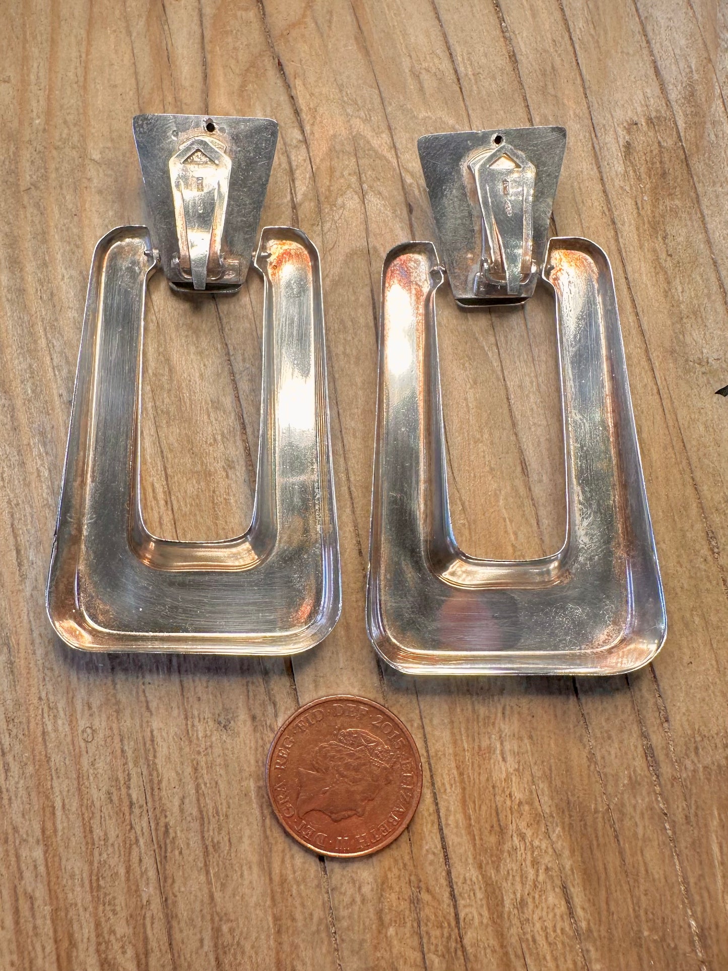 Modernist Rectangle Drop Clip On 925 Sterling Silver Earrings