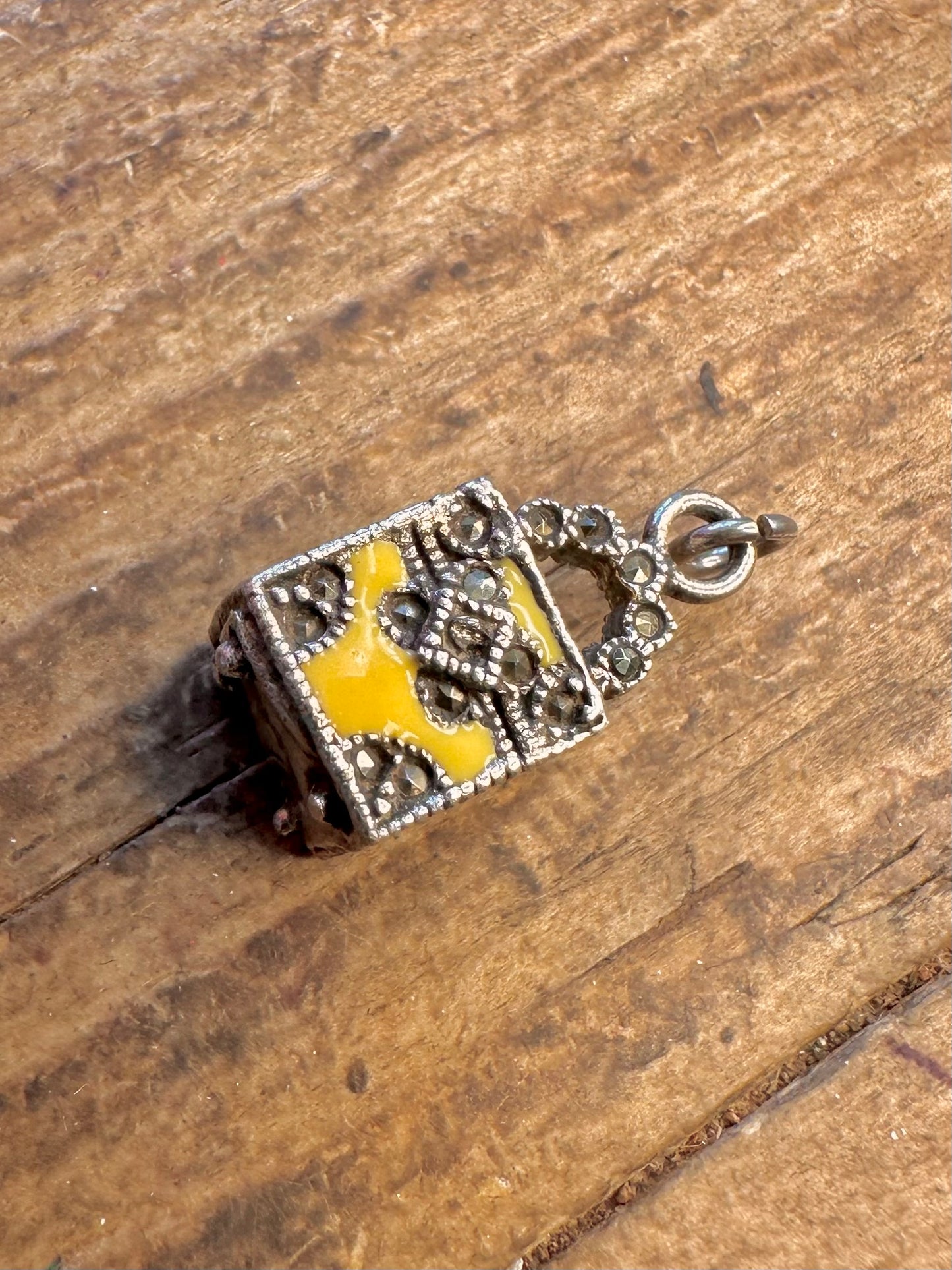 Yellow Enamel Marcasite Box Style 925 Sterling Silver Charm Pendant