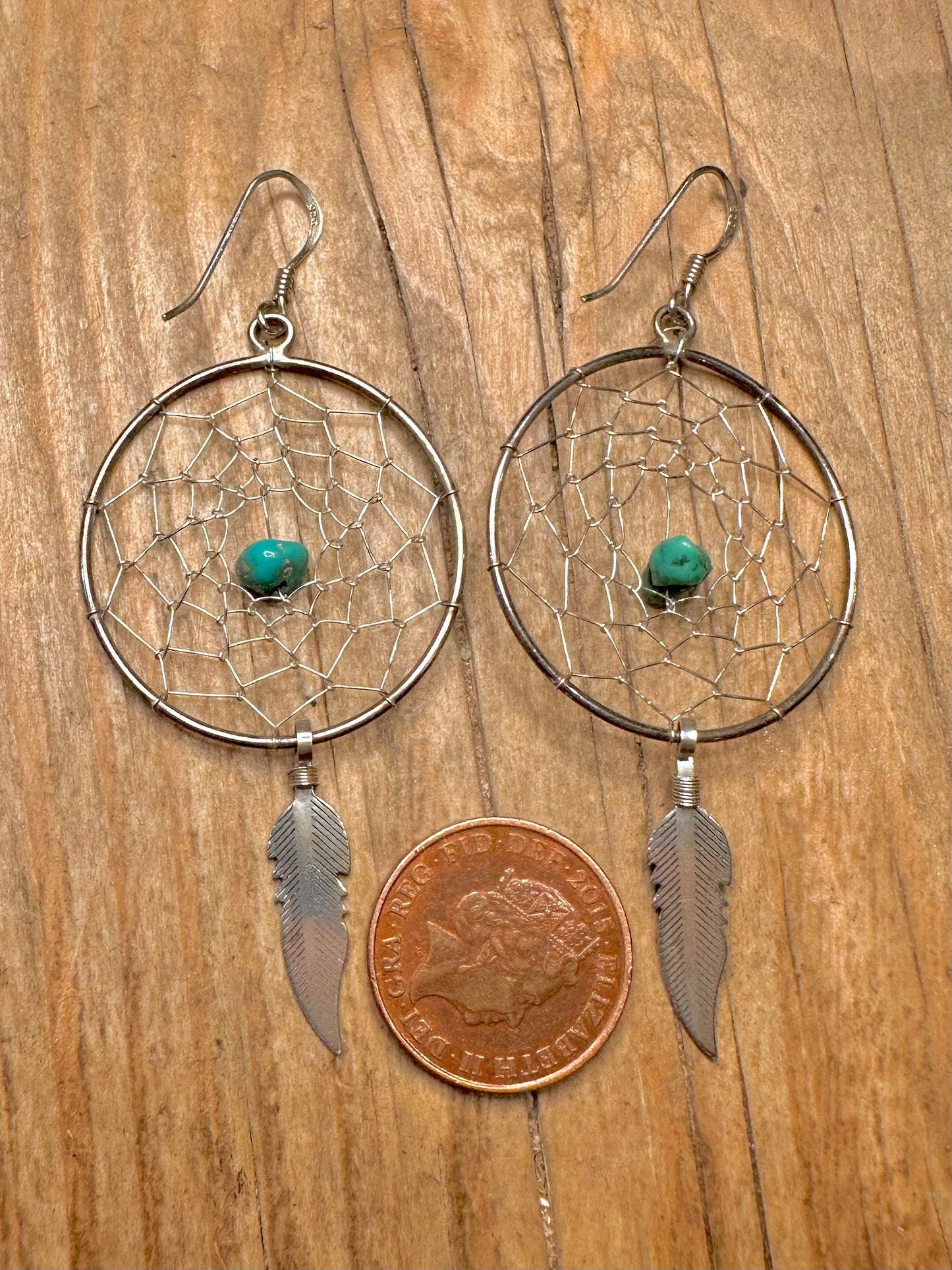 Vintage Traumfänger Türkis Feder 925 Sterling Silber Ohrringe