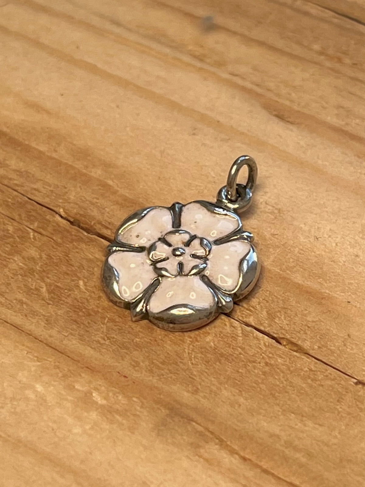 White Rose of York Enamel Flower 925 Sterling Silver Pendant