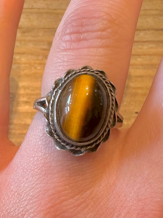 Vintage Tigers Eye Oval 925 Sterling Silver Size P Ring