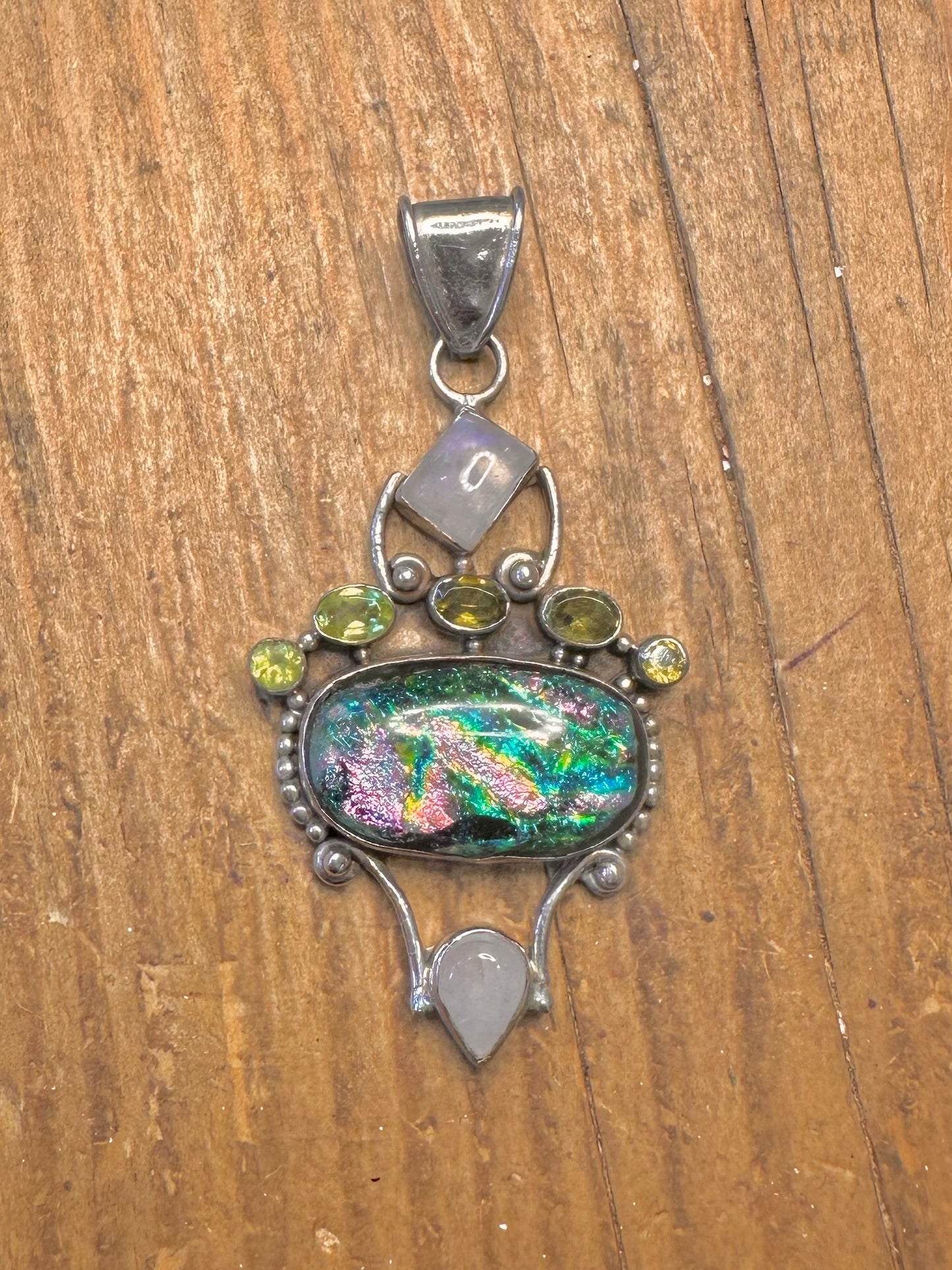 Moonstone Peridot and Dichroic Glass 925 Sterling Silver Pendant