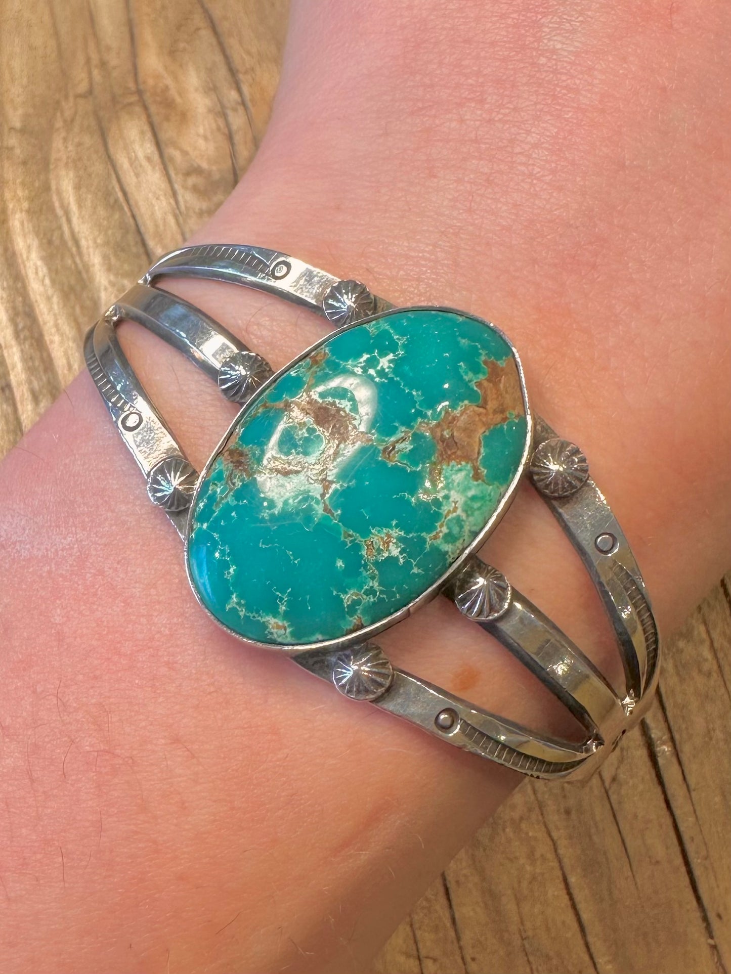 Vintage Native American Navajo Large Turquoise with Brown Matrix Heavy Gauge 925 Sterling Silver Cuff Bangle