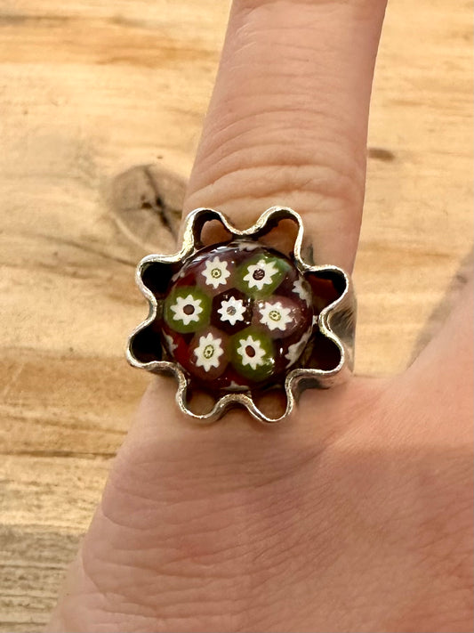 Vintage Millefiori Green and Red Glass 925 Silver Hallmarked Size M Ring