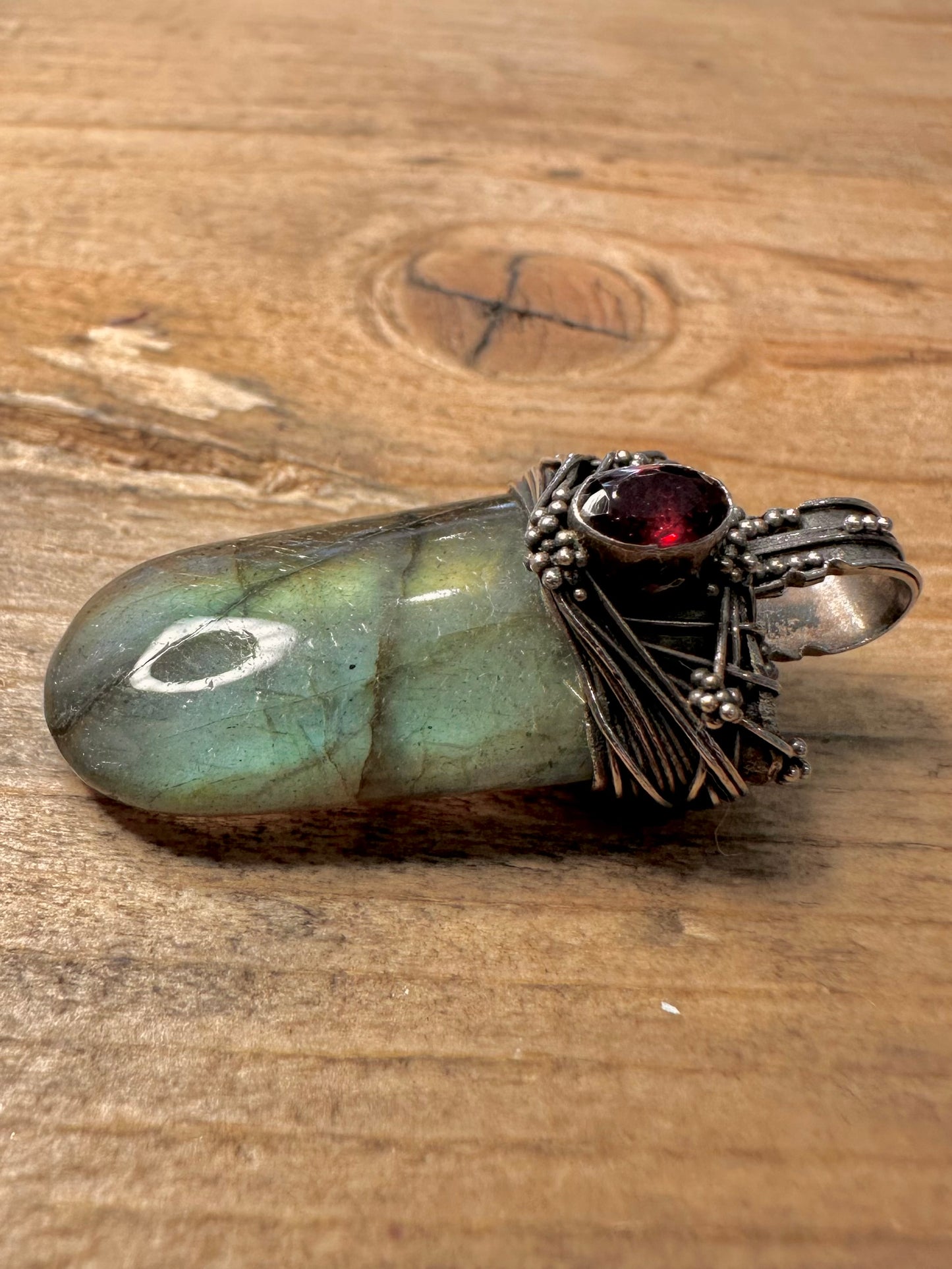 Vintage Labradorite and Garnet 925 Silver Pendant