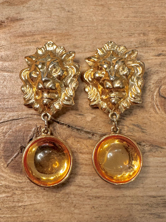 Vintage Lion Head and Orange Circles Gold Costume Earrings