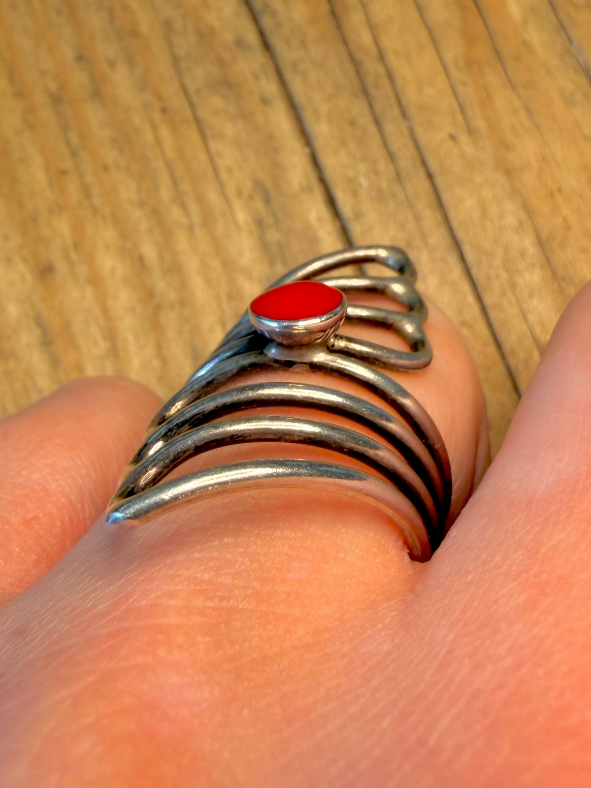 Open Multi Strand Red Circle 925 Sterling Silver Size R Ring