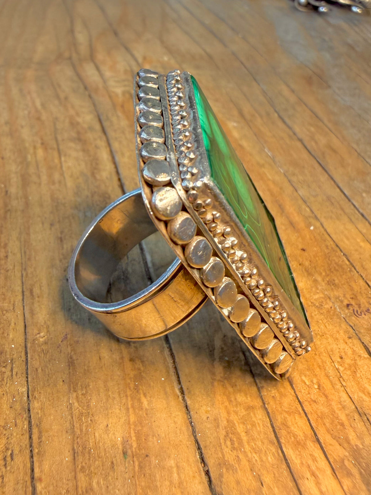 Large Rectangle Malachite Boho Border 925 Sterling Silver Size T1/2 Ring