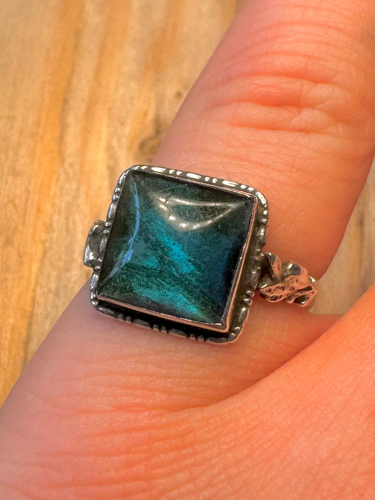 Vintage Butterfly Labradorite Square 925 Sterling Silver Size M Ring