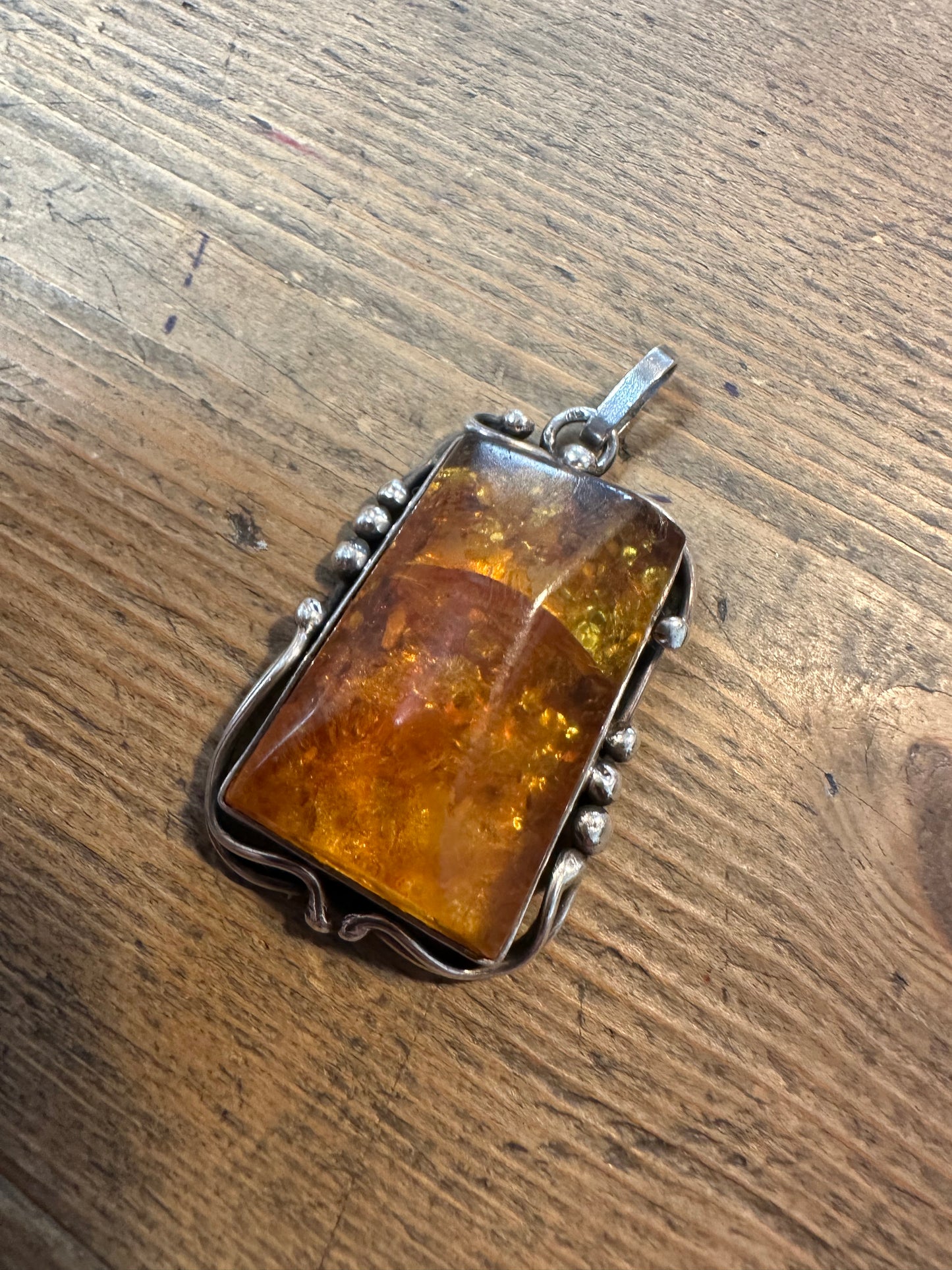 Vintage Ornate Rectangle Amber 925 Silver Pendant